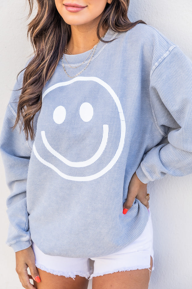 Smiley Face Faded Denim Corded Graphic Sweatshirt