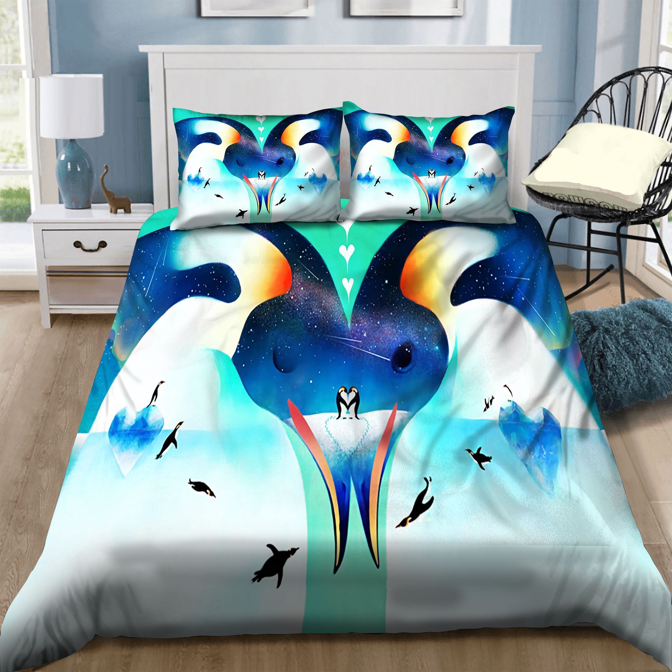 3D Penguin Love Symmetry Cotton Bed Sheets Spread Comforter Duvet Cover Bedding Sets