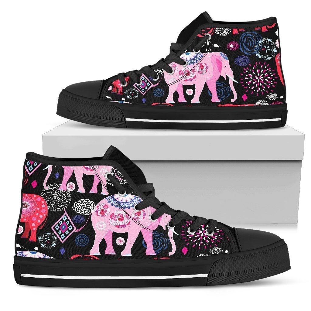 Pink Elephant Pattern High Top Personalized Shoes Custom Name, Text For Women, Men