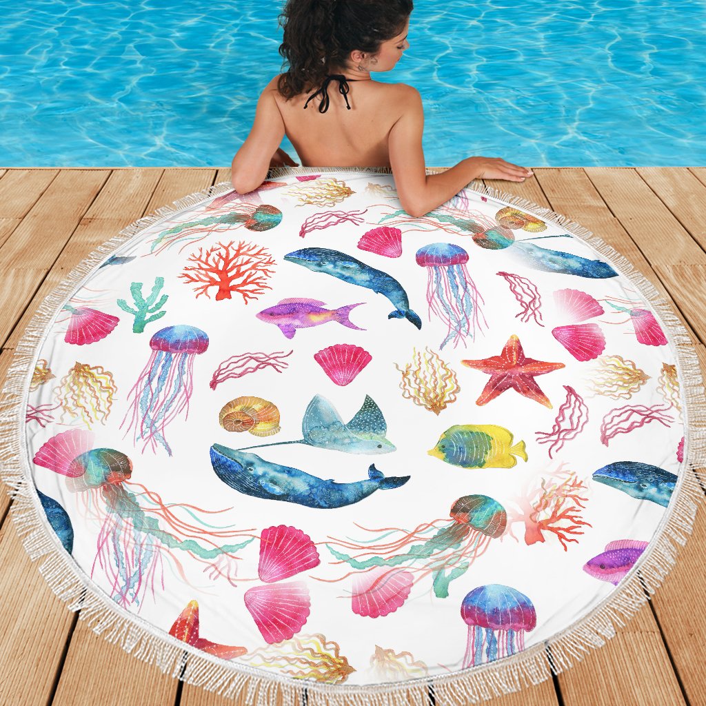 Watercolor Ocean Beach Blanket With Whales Fish Starfish And Jellyfish