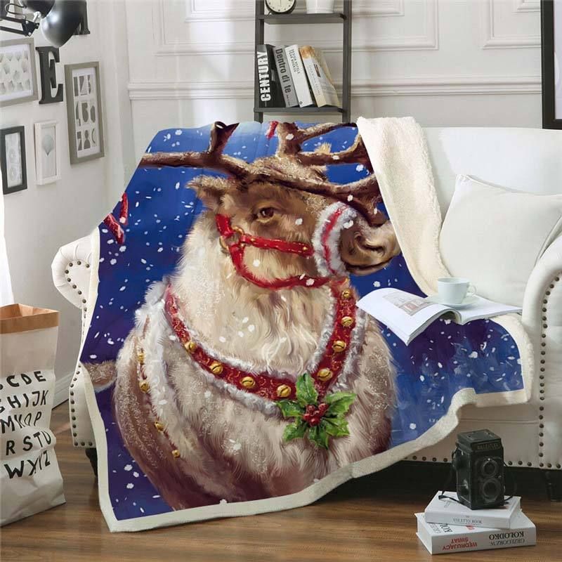 Aged Reindeer Christmas Animal With Snowflakes   Fleece Sherpa Blanket