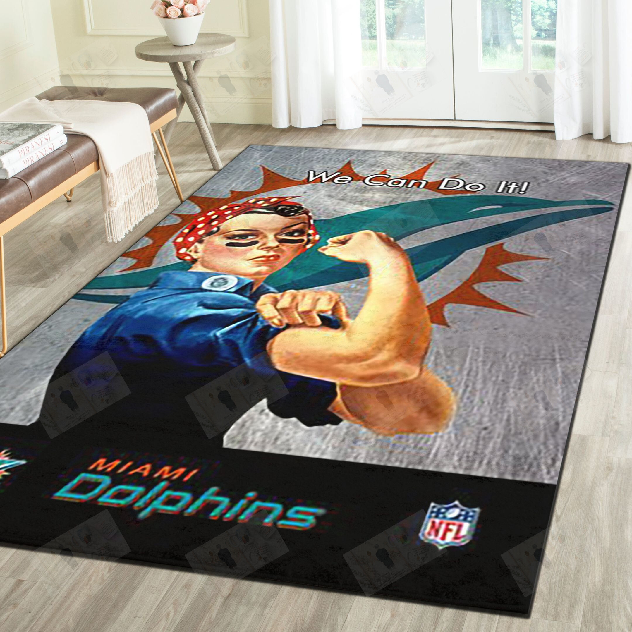 Miami Dolphins Logo Area Rug, Football Team Living Room Carpet, Man Cave Floor Mat