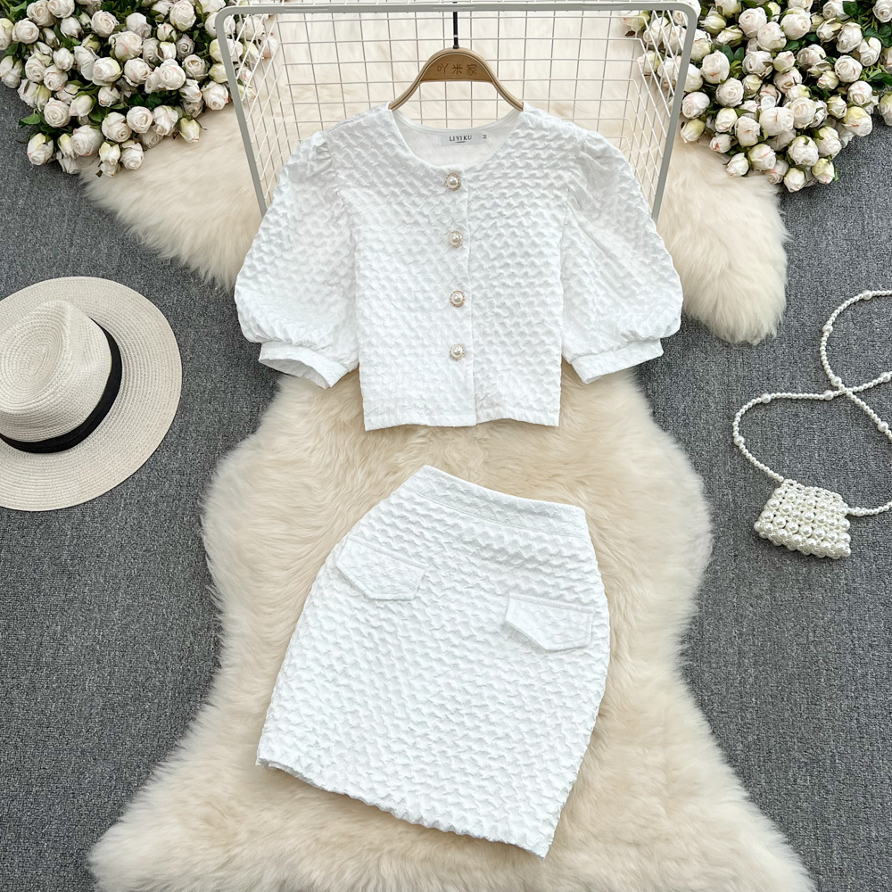 Summer Fashion Suit Women’s French Retro Bubble Sleeve Short Sleeve Shirt Tops High Waist Wrap Hip Short Skirt Two-piece Set alx