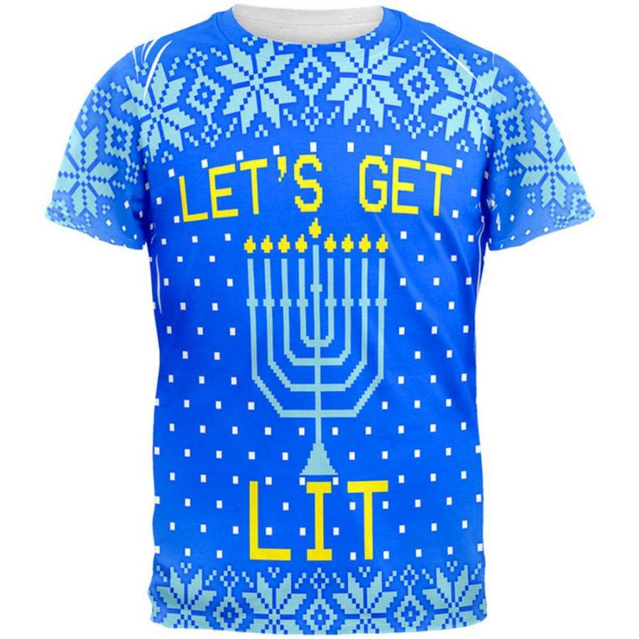 Ugly Christmas Sweater Let’s Get Lit Menorah Hanukkah All Over Mens T Shirt