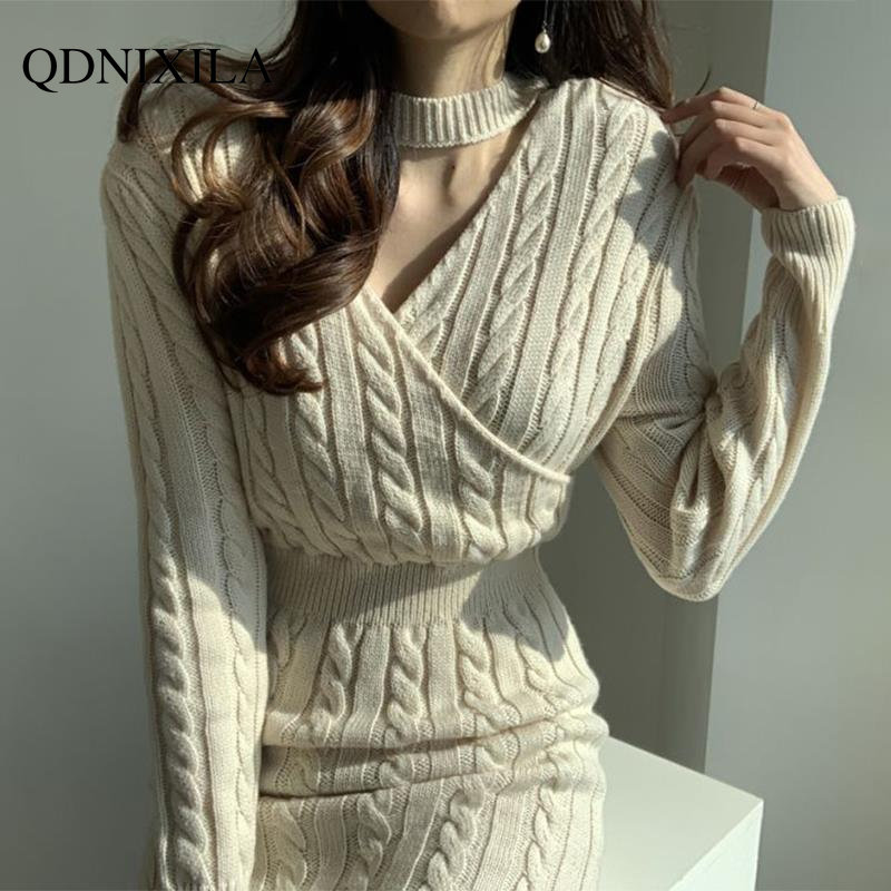 2022 Autumn and Winter New Korean Fashion Before and After Wear Pullover Dress,Long Sleeve Top Thickened Knit Women’s Sweaters alx