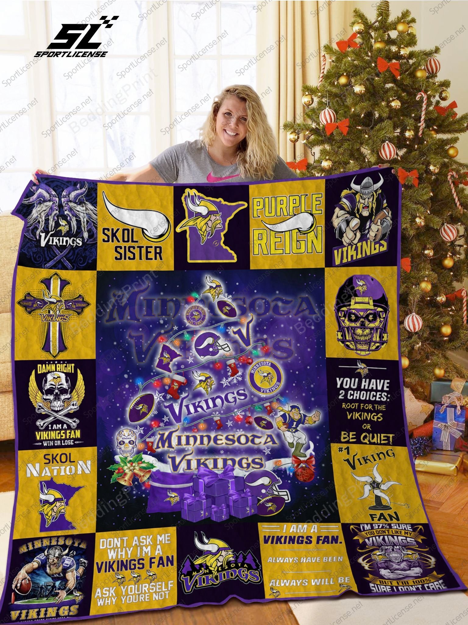 Bl  Minnesota Vikings Christmas Tree Quilt Blanket