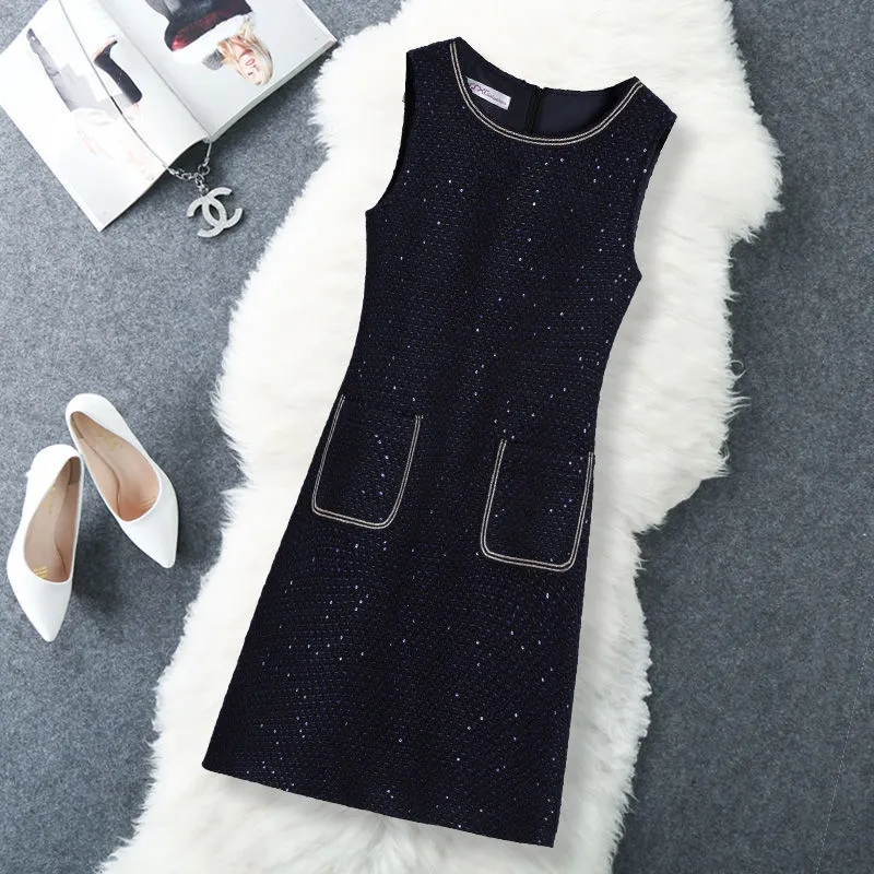 Sleeveless Midi Dress Women Wool Vest Dress Winter Spring New Black Large Size 4XL Tweed Elegant Waistcoat Womens Formal Dresses alx