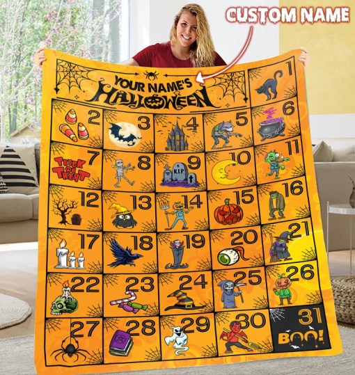 Personalized Custom Name Calendar 31 Days Halloween Yellow Black 3D Fleece Blanket 3D Fleece Blanket