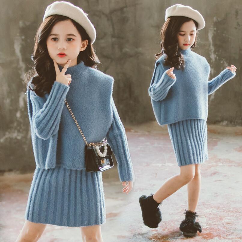 2020 Spring Autumn Winter Toddler Teenage Children Clothes Girl Clothing Set Knit Long Sleeve Sweater Dress + Skirts 2 Pcs Suit alx