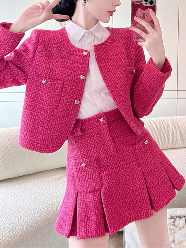 Autumn Rose Red Tweed Two Piece Set Women Sweet Love Buttons Short Jacket Coat and High Waist Pleated Bodycon Skirt Suits alx