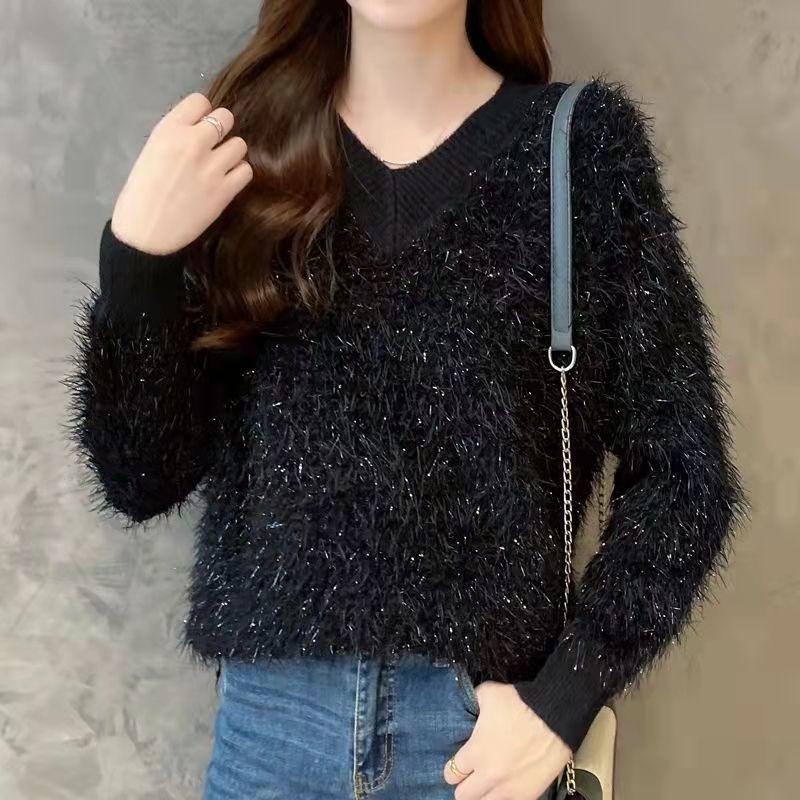 White Spring Princess Fur Furry Plush Pullover V-Collar Warm Sweater Women’s Sweaters Women Girl Pull Slim Top Cloth Outer Coat alx