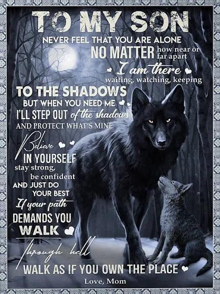 To My Son Never Feel That You Are Alone Mom Black Wolves Fleece Blanket Gift For Son Home Decor Bedding Couch Sofa Soft And Comfy Cozy