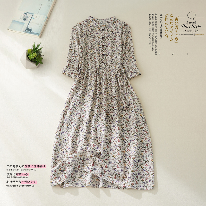 2022 New Arrival Print Floral Stand Collar Thin Soft Vintage Summer Blouse Dress Office Lady Work Dress Women Casual Midi Dress alx