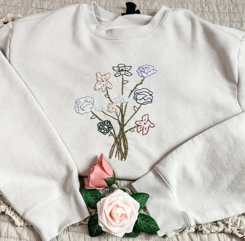 Birth Flower Embroidered Sweatshirt 2D Crewneck Sweatshirt All Over Print Sweatshirt For Women Sweatshirt For Men Sws3258