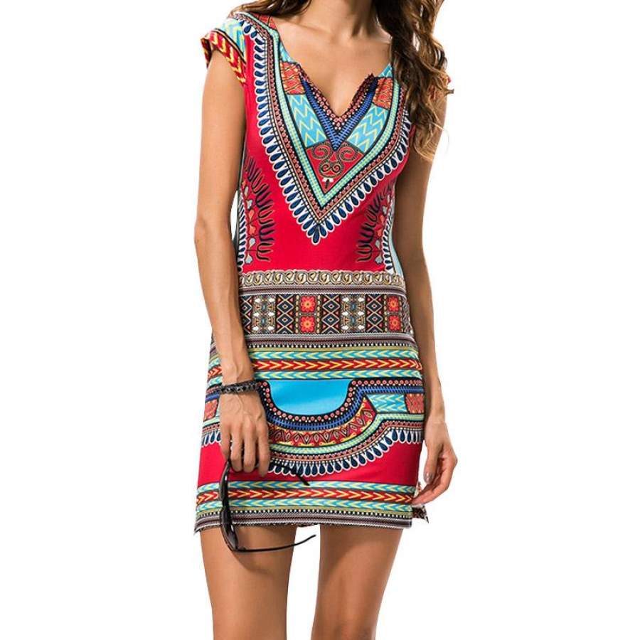 Women Dashiki Dress 2018 Ladies Short V-Neck Sexy African Dresses Traditional Print Mini Women Summer Boho Beach Dress