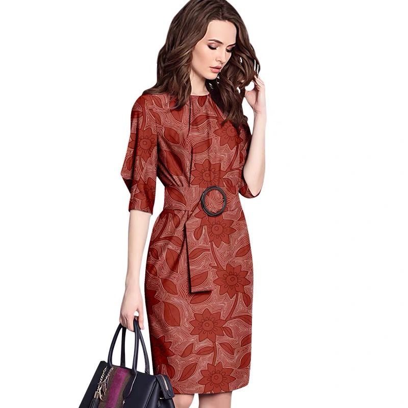 Vintage Print Half Sleeve Round Neck Slim Dress With Belt Women Summer Fashion Bodycon Ladies Office Elegant Party Dresses alx