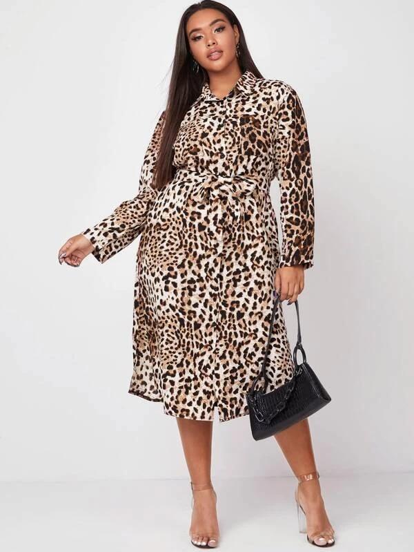 Women Plus Size Leopard Print Belted Shirt Dress