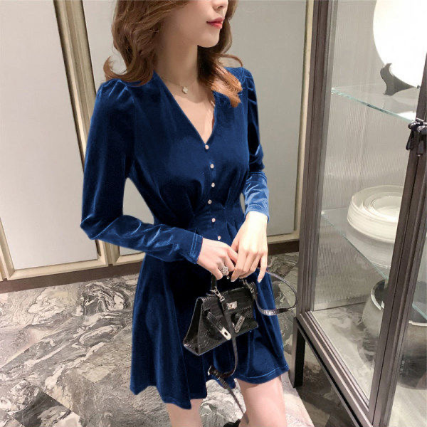 Woman Elegant Gold Velvet Party Dress Mini Dress Female Plus Size Autumn Winter Wear Long-sleeved V-neck Sexy Slim Casual Dress alx