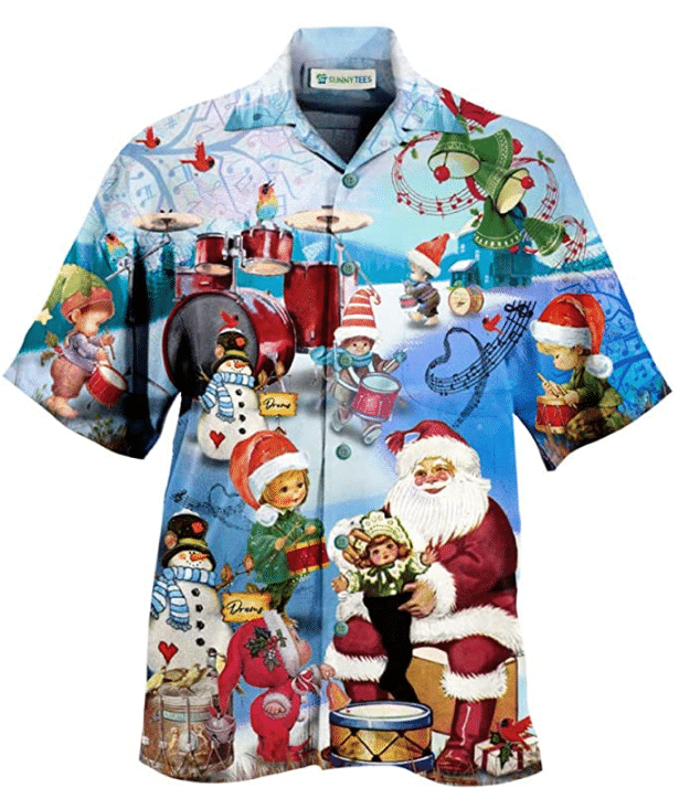 Christmas Hawaii Party Playing Drums On Button Up Shirt For Men Ha76850