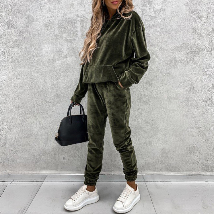 Women’s Fleece-lined Tracksuits Casual Solid Warm Suits Hoodies Sweatpants Autumn Winter Pullover Sweatshirts Pants 2 Piece Set alx