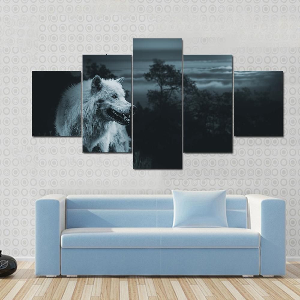 White Wolf At Night Animal 5 Panel Canvas Art Wall Decor