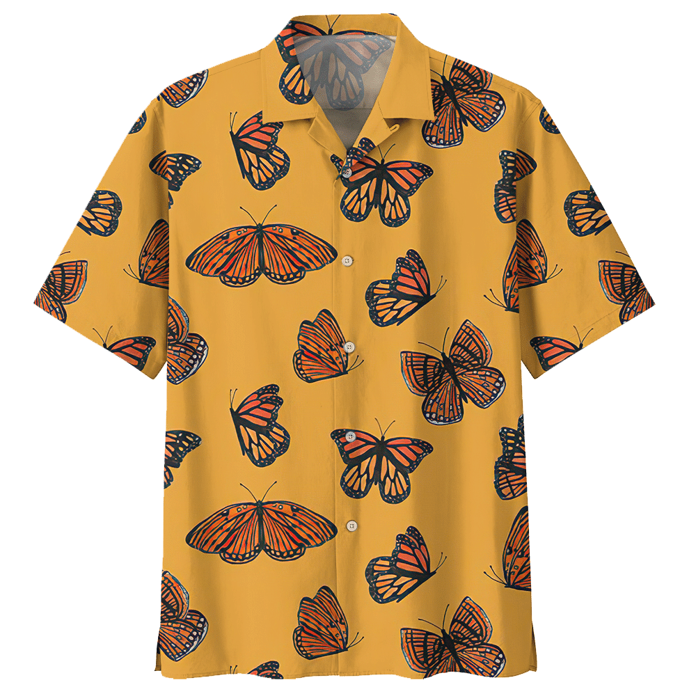 Butterfly Orange Unique Design Unisex Hawaii Print Aloha Short Sleeve Casual Shirt Ha44043