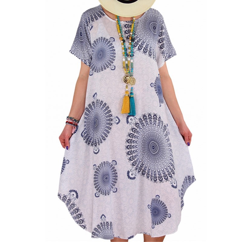 Summer Boho Print Loose Casual Mid Long Dress Short Sleeve Women 2020 Ethnic Sundress Female Beach Dresses Vestido Verano alx