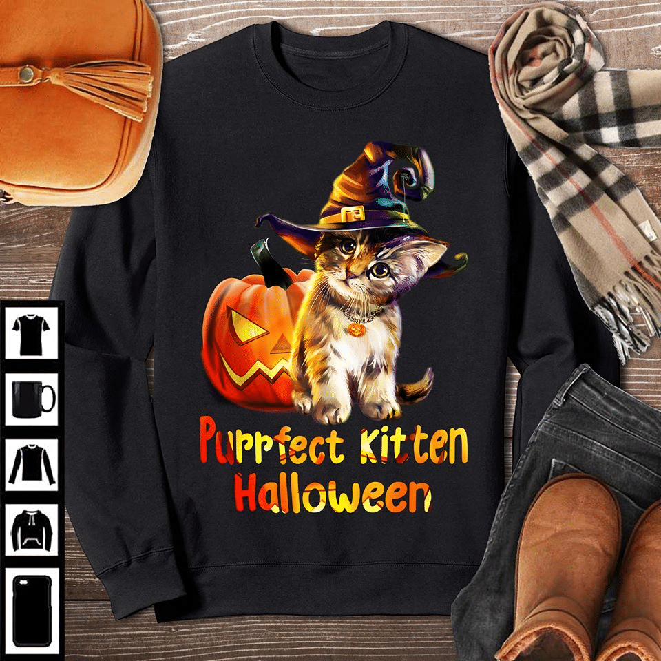 Cat And Pumpkin Purrfect Kitten Halloween T Shirt Hoodie Sweater  Size S-5Xl