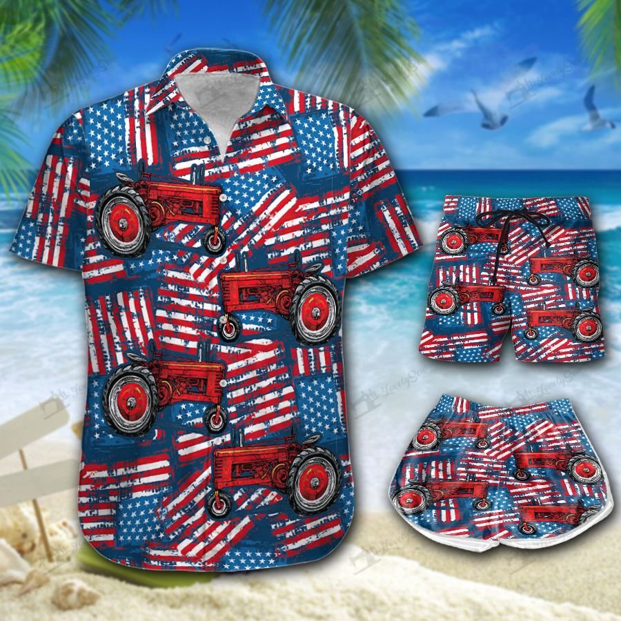 American Flag Red Tractor Hawaiian Shirt Shorts Ha4489