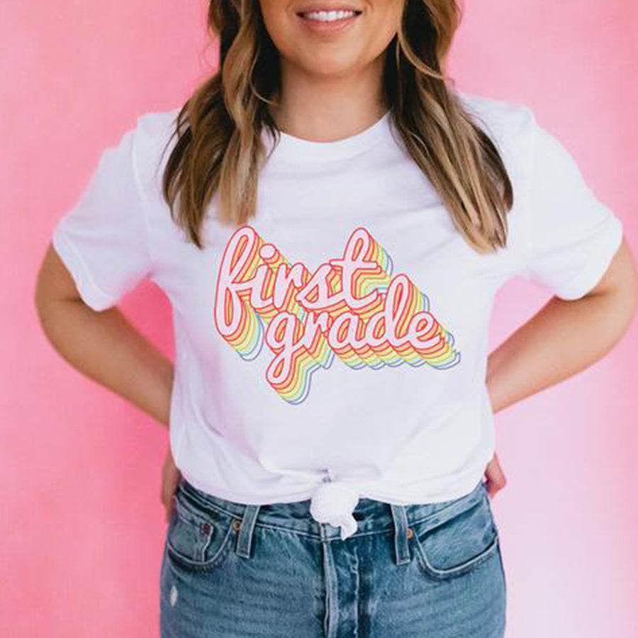 First Grade Teacher Shirt Retro Rainbow Design, Grade Level Tshirt, Cute Team Shirt Elementary