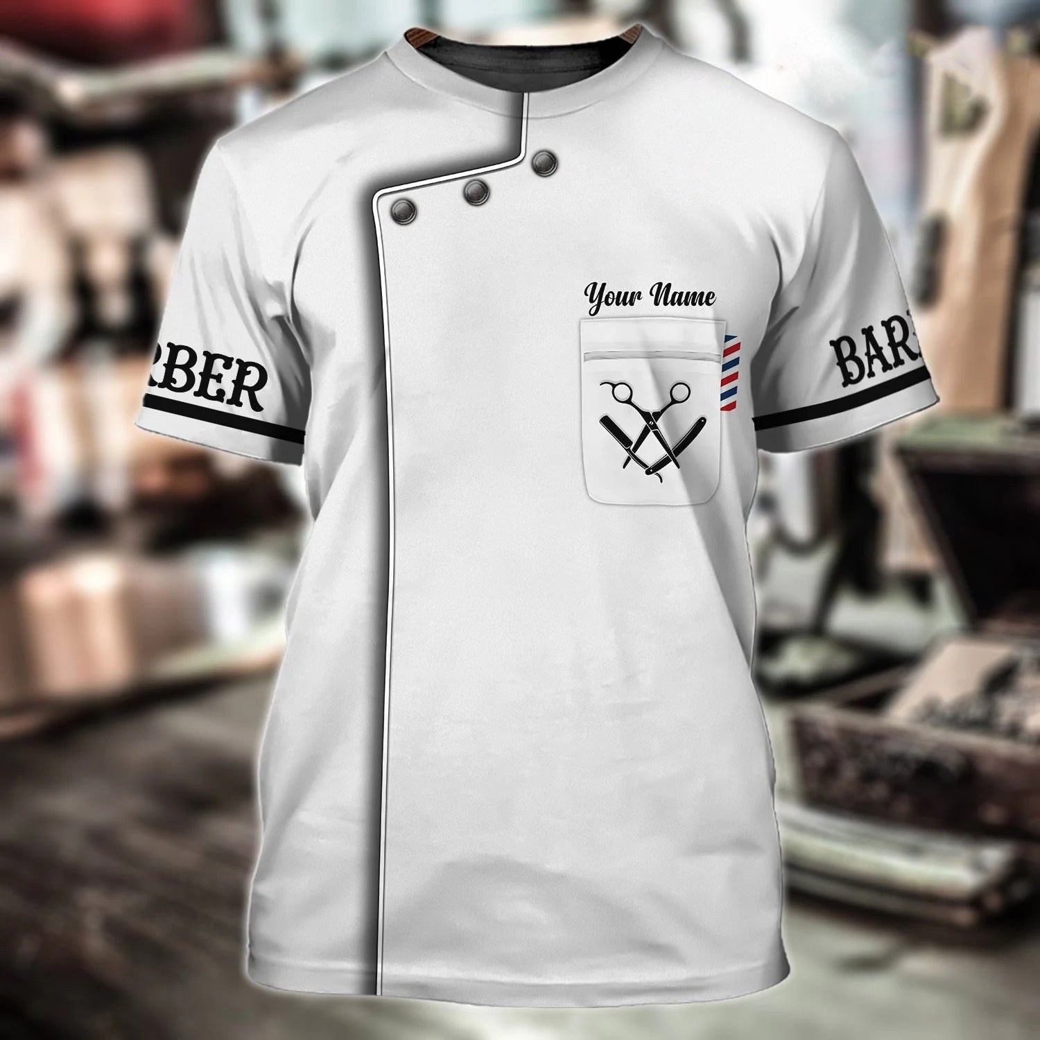 Custom With Name 3D White Barber T Shirt, White Uniform Barber Shop, Barber Men Gift