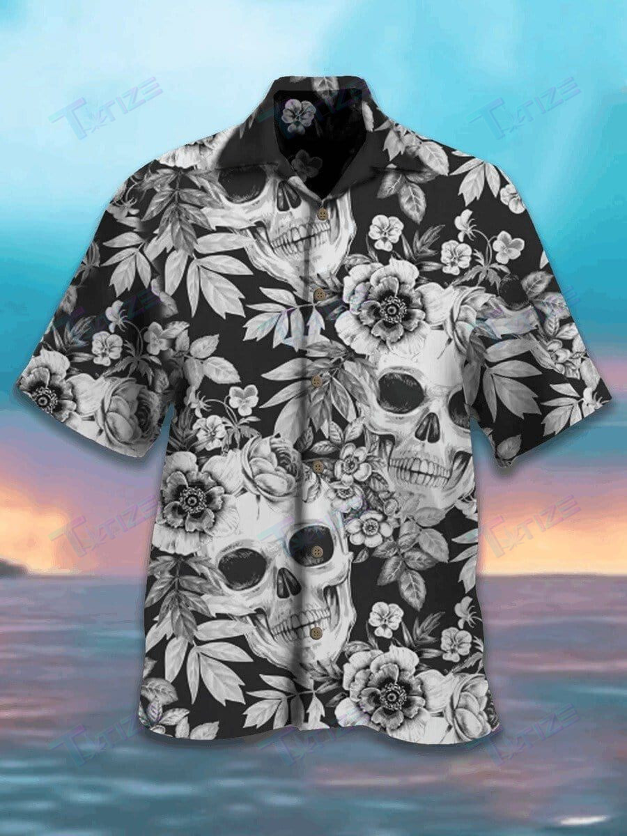 Skull Black And White Flowers All Over Printed Hawaii Shirt Size S Ha76732