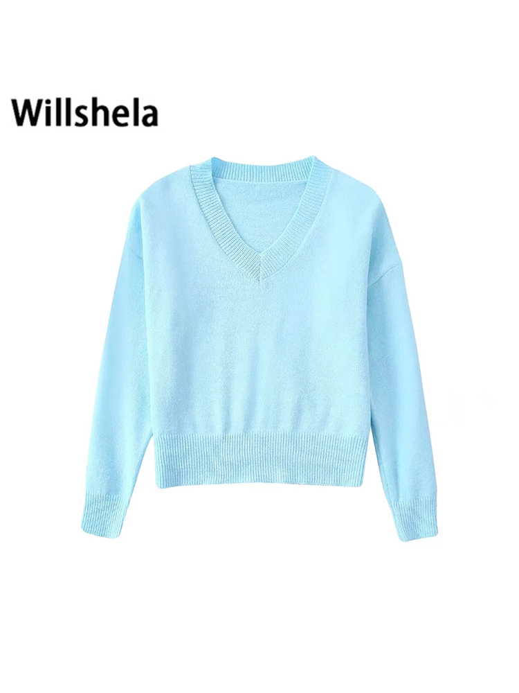 Willshela Women Fashion Knit Sweater Top Long Sleeves V-Neck Soft Knitwear Casual Knitted Sweaters Pullover Tops alx