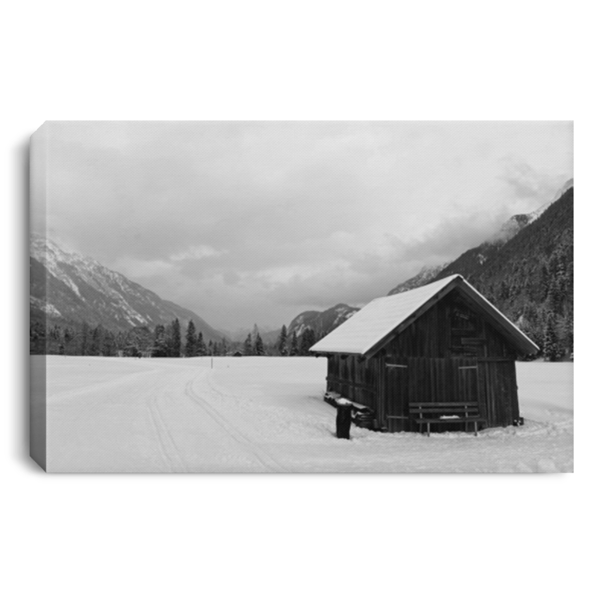 Winter Mountains Landscape With Wooden Barn And Dramatic Sky Canvas For Home Decor