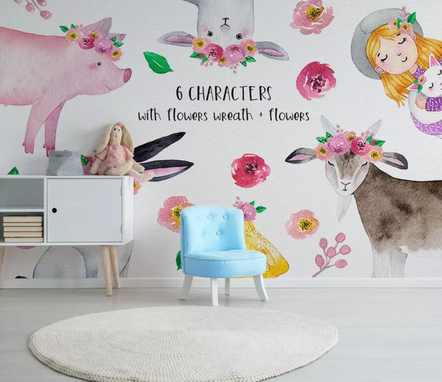 3D Kids, Watercolor, Cartoon Animal Wallpaper-Nursery