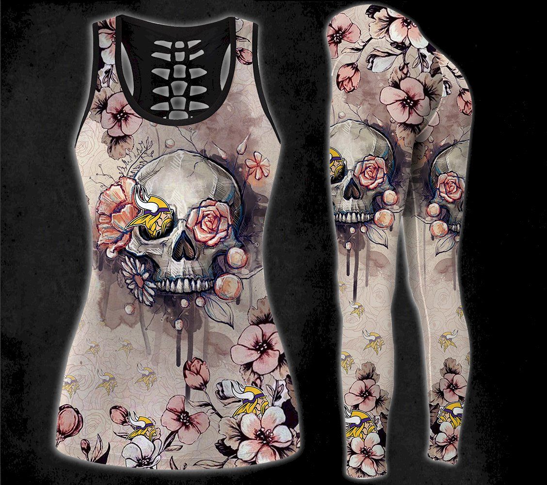 Combo Minnesota Vikings Skull Flower Hollow Tanktop Leggings Set V1787