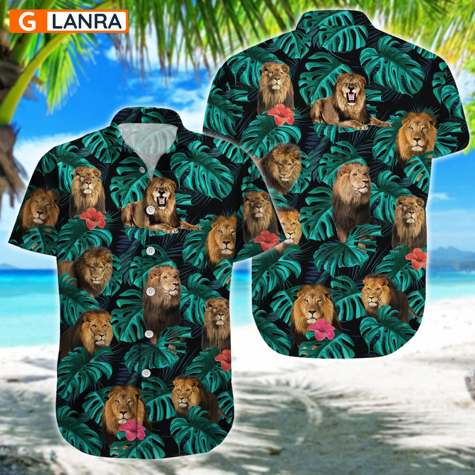 Lion Palm Leaves Flower Button Shirt, Lion Button Shirt, Summer Lion Hawaiian Shirt, Lion Leaf Hawaiian Shirt, Summer Tropical Shirt