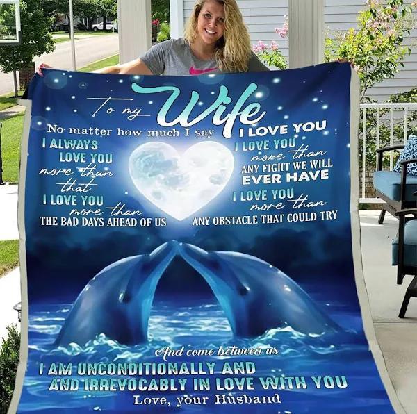 To My Wife No Matter Ho Much I Say I Love You Dolphin And Moon Fleece Blanket Gift For Wife From Husband Home Decor Bedding Couch Sofa Soft And Comfy Cozy