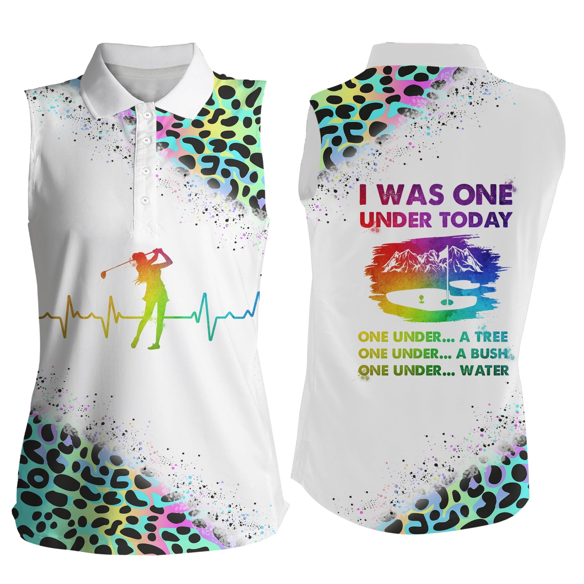 Funny Golf Shirts For Women, I Was One Under Today Neon Rainbow Leopard Women Sleeveless Polo Shirts