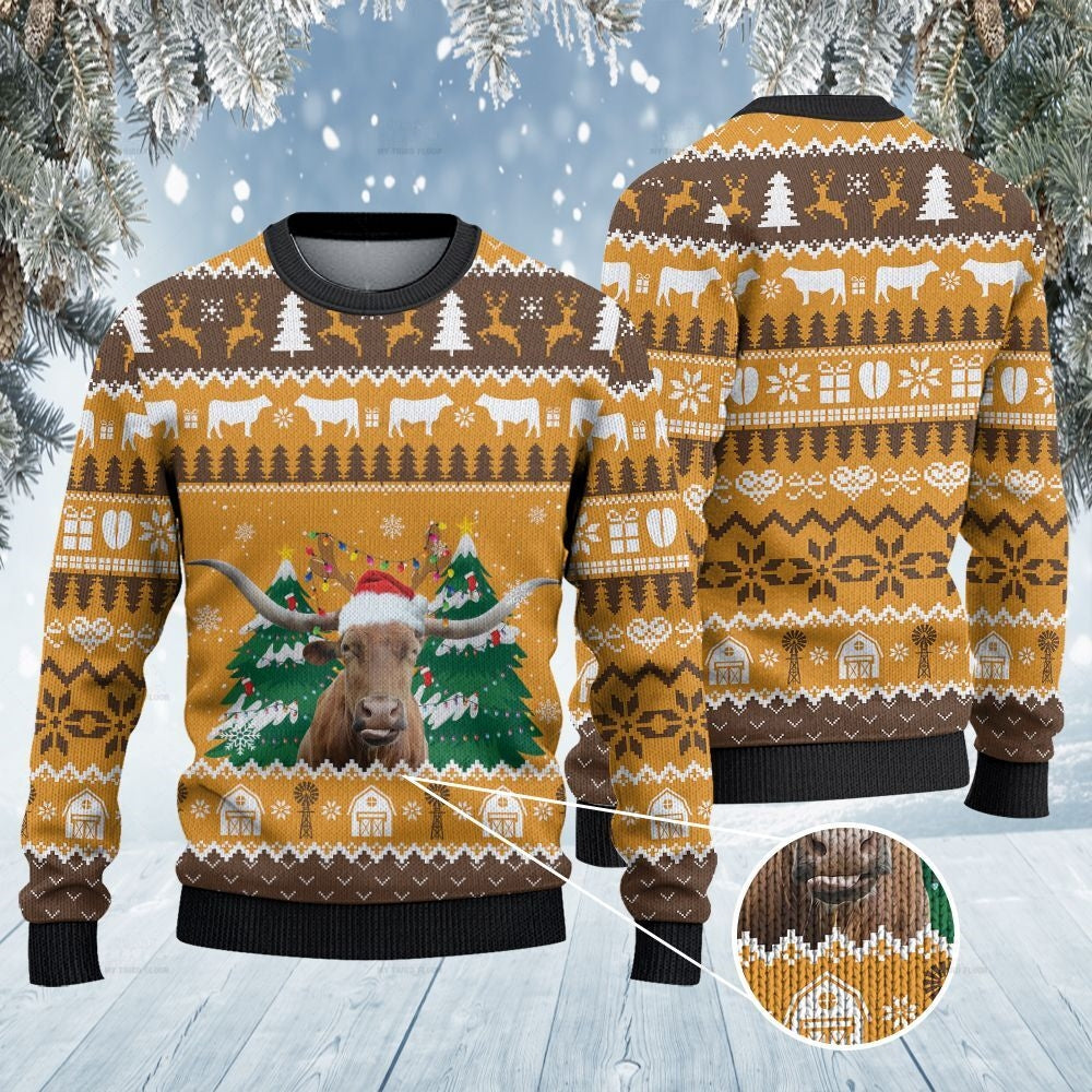 Tx Longhorn Cattle Lovers Christmas On The Farm Knitted Sweater Wool Sweater