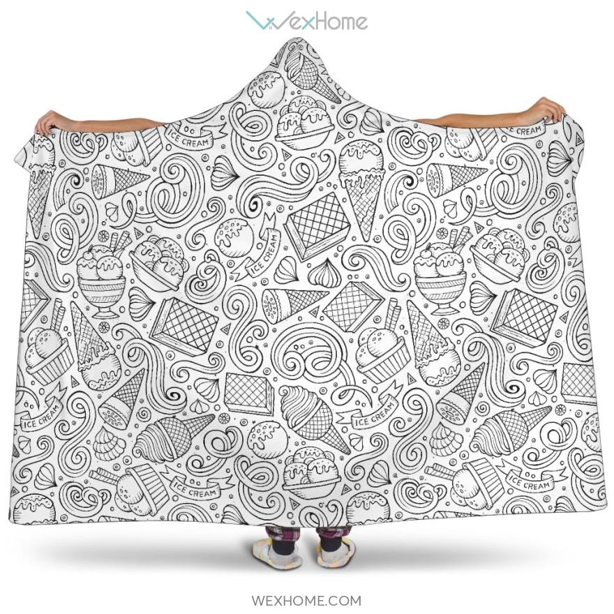 Cartoon Hand Drawn Ice Cream Black White Hooded Blanket