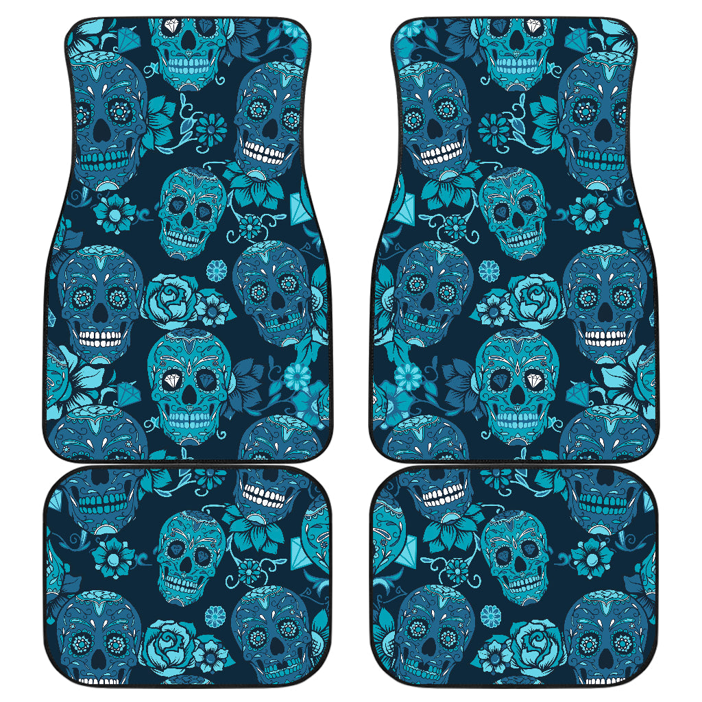 Teal Sugar Skull Flower Pattern Print Front And Back Car Floor Mats, Front Car Mat