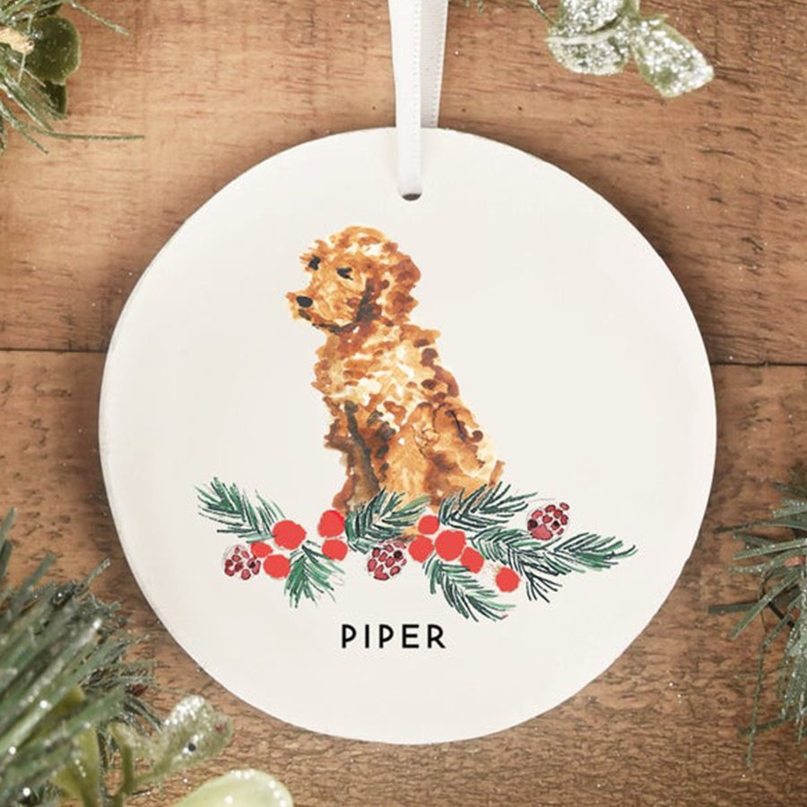 Caramel Or Apricot Labradoodle Ornament With Berry Branch