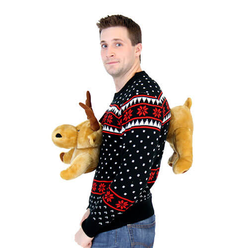 Black 3-D Ugly Christmas Sweater With Stuffed Moose