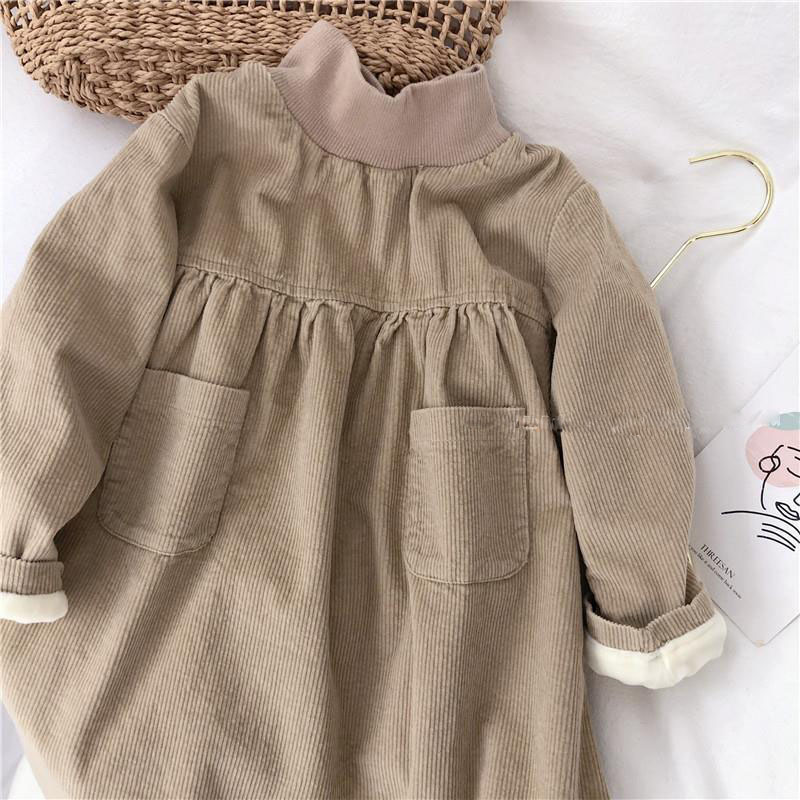 Autumn Winter Corduroy Girls Dress Korean Style New Fashion Clothes Plus Velvet Thick High-Neck Pocket Baby Long Sleeves Dresses alx