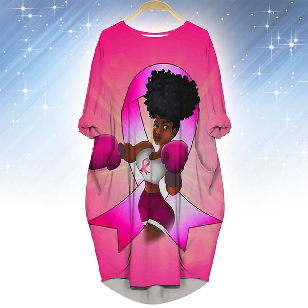 African American Dresses Beautiful African American Girl Pink Ribbon African American Art Black Women Is A Fighter Long Sleeve Pocket Dress Modern Afrocentric Clothing