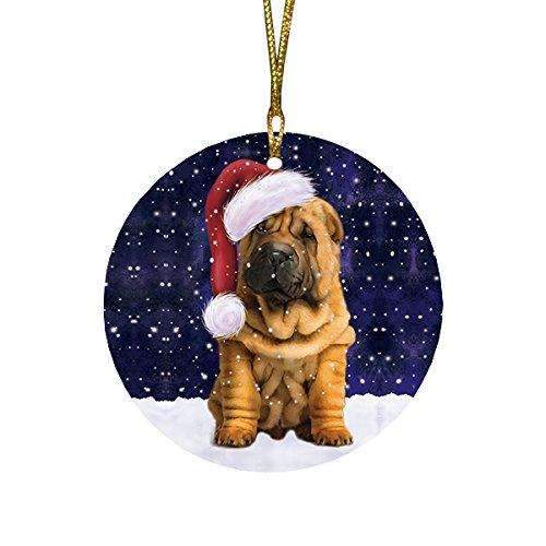 Let It Snow Christmas Holiday Shar Pei Puppy Dog Wearing Santa Hat Round Ornament D238