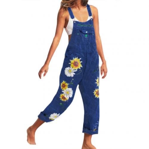 50% New Arrival ！！！Women Casual Bib Overall Dungarees Sunflower Print Pockets Denim Loose Overalls alx