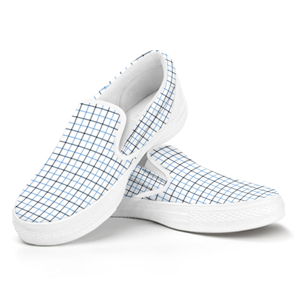 White And Blue Tattersall Pattern Print White Slip On Shoes