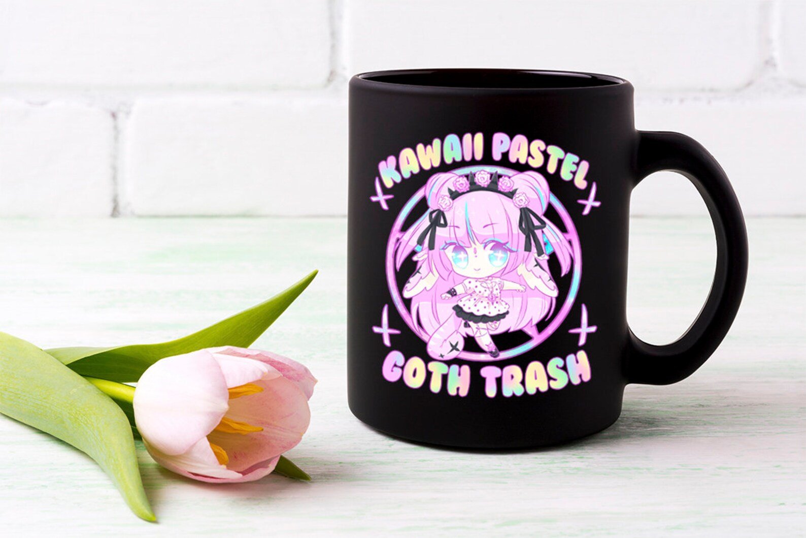 Cute – Kawaii Pastel Ceramic / Coth Trash Gift – Adorable Pastel Kittens Anime Mug Black Ceramic 11-15Oz Coffee Tea Cup